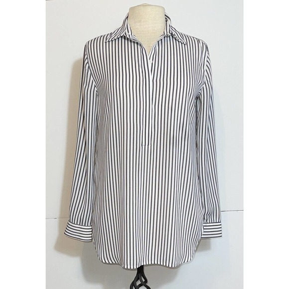 Black Tops - LOFT Misses S Polyester Blouse Tunic Stripes White Black Covered Placard Front